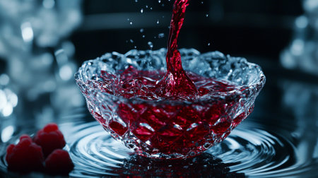 splash of red wine in a glass bowl on a dark backgroundの写真素材