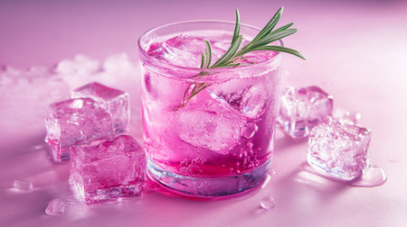 Cocktail with rosemary and ice cubes on a pink backgroundの写真素材