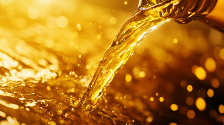 splashing liquid, close up of pouring liquid on yellow backgroundの写真素材