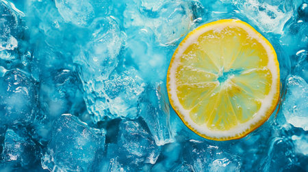 Lemon and ice cubes on blue background, top view, copy spaceの写真素材