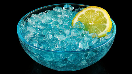 Glass bowl with ice cubes and lemon slice isolated on black background.の写真素材