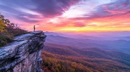 Man standing on edge of cliff and watching over the misty valley to the horizon.