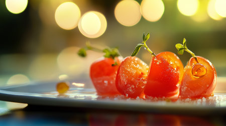 Tomatoes on a white plate with a bokeh backgroundの写真素材