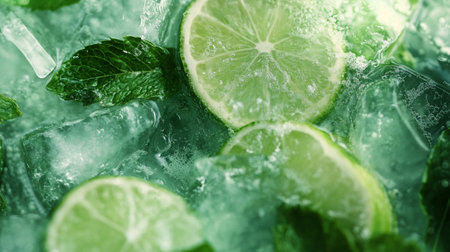 close up view of mojito cocktail with lime, mint and ice cubesの写真素材