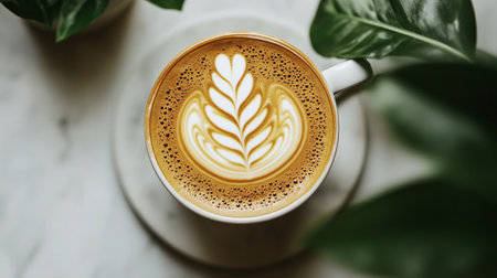 Cup of cappuccino with latte art backgroundの写真素材