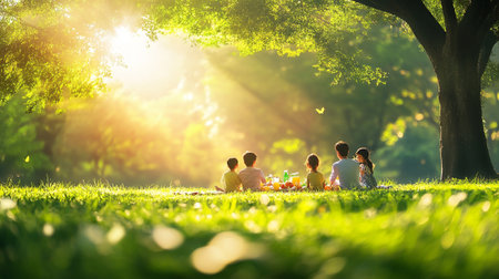 Group of children sitting on grass in park at sunset. Selective focusの写真素材