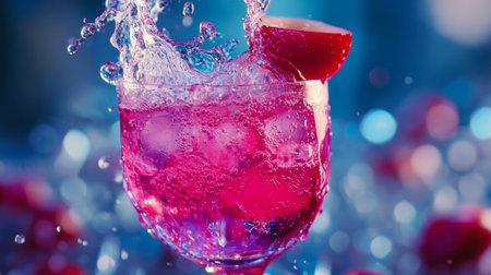 Cocktail with cherry, ice and water splash on blue background