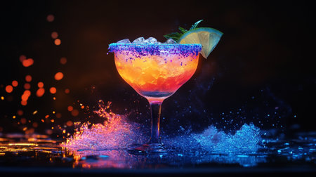 Colorful cocktail on a dark background with splashes and drops of waterの写真素材