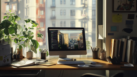 Modern workplace with computer on table in front of window with city viewの写真素材