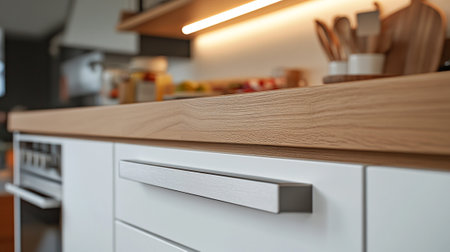 Closeup of wooden kitchen countertop with utensils in modern kitchenの写真素材