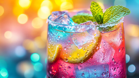 Cocktail with lime, mint and ice on bokeh background