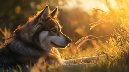 Portrait of a beautiful alaskan malamute dog lying on the grass at sunset