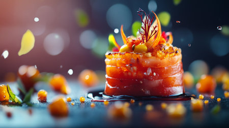 Salmon tartare with caviar on a dark background. Selective focus.の写真素材