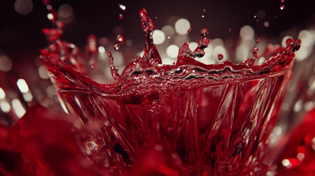 Red wine splashing in a glass, close-up shot with shallow depth of fieldの写真素材