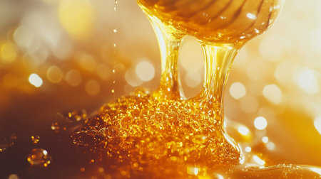 Honey dripping from a wooden honey dipper on a golden background.の写真素材