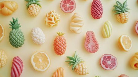 Colorful fruits pattern on yellow background. Flat lay, top viewの写真素材