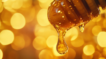 Honey dripping from a wooden honey dipper on bokeh backgroundの写真素材