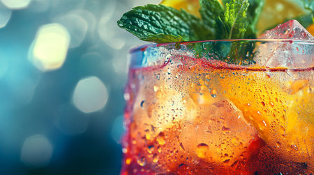 mojito cocktail with ice and mint on blue bokeh backgroundの写真素材