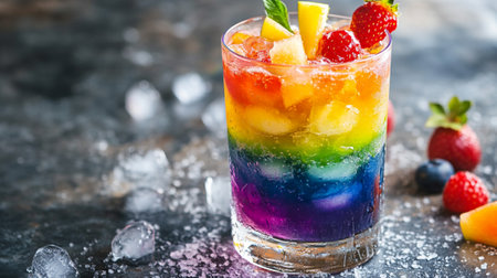 Refreshing summer drink with fruits and ice on dark background.の写真素材