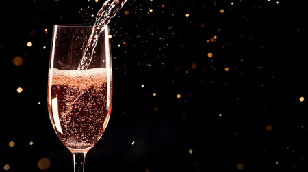 Champagne pouring into a glass with splashes on a black backgroundの写真素材