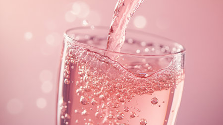 Pink champagne pouring into a glass with bubbles on a pink background.の写真素材
