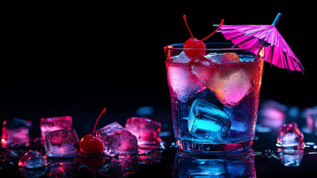 Cocktail with cherry and ice cubes on a black background.の写真素材