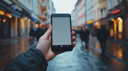 Mockup image of a smartphone with a white screen in the hands of a man walking on the street at...