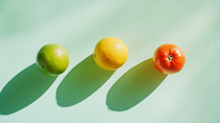 Citrus fruits on pastel green background with hard shadow.