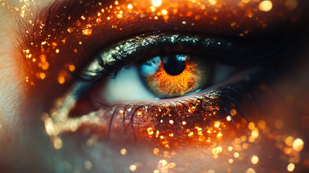 Close up of beautiful woman's eye with golden make-up.の写真素材