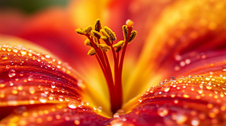 Macro shot of an orange lily with water droplets.
