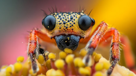 Macro shot of a jumping spider on a flower in nature.の写真素材