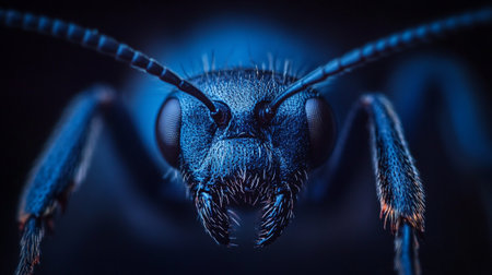 Macro photo of an ant head on a dark blue background.