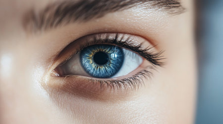Close-up of beautiful woman's blue eye with long eyelashesの写真素材