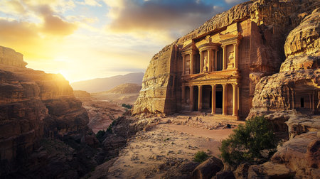 Ruins of the ancient city of Petra in Jordan at sunset.の写真素材
