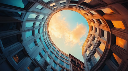 Looking up at the sky through the window of a modern building.の写真素材