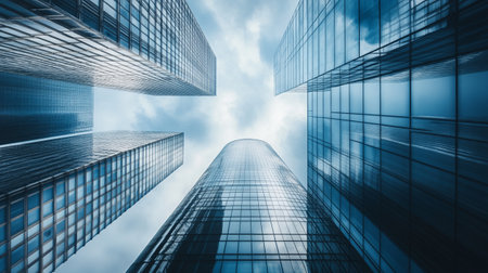 Low angle view of modern skyscrapers in business district against blue skyの写真素材