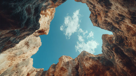 Cave with blue sky and white cloudsの写真素材