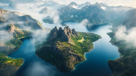 Aerial view of lake and mountains in Norway. Beautiful nature landscape.