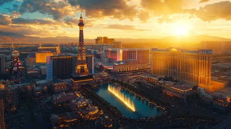 Las Vegas Strip and Eiffel Tower at sunset, United States