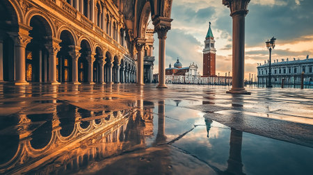 St. Mark's Square in Venice, Italy at sunset with reflectionの写真素材