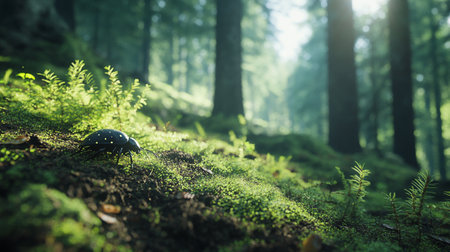 Black beetle on green moss in the forest. Beautiful nature background.