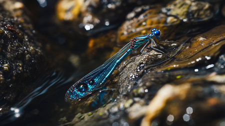 Blue damselfly on a rock in a river. Macro shot