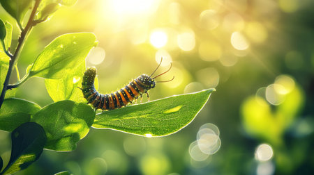 Caterpillar on green leaf with bokeh sun light background