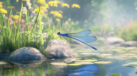 Dragonfly sitting on a rock in the garden. 3d renderingの写真素材