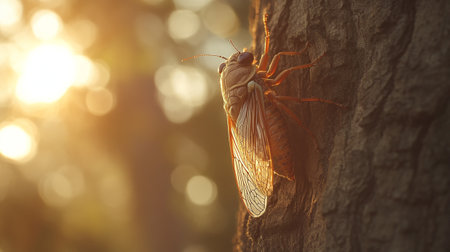 Cicada insect on tree in sunset light. Macro shot.