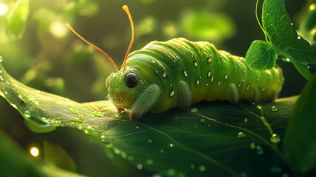 Caterpillar of butterfly larva on green leaf with sunlight.の写真素材