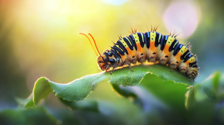 Caterpillar of the butterfly (Cethosia cyane) on green leaf
