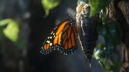 Butterfly emerging from the chrysalis of a cocoonの写真素材
