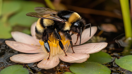 bumblebee on a lotus flower in the pond. macro