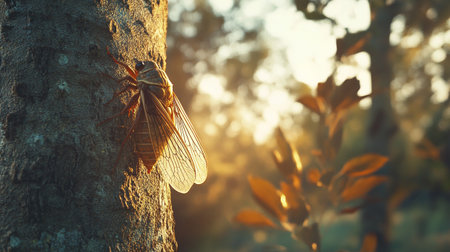 Cicada insect on the tree in the forest at sunset.